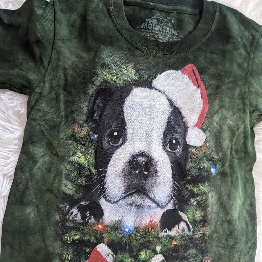 Unisex Christmas Boxer Puppy Kids Green Tie Dye Shirt Santa Hat Small - Picture 3 of 4